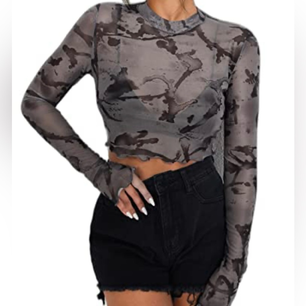 SHEIN ICON Mock Neck Lettuce Trim Sheer Mesh Top Size S